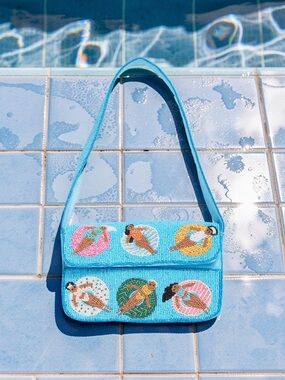 Turquoise Beaded Crossbody Bag with Pool Float Motifs